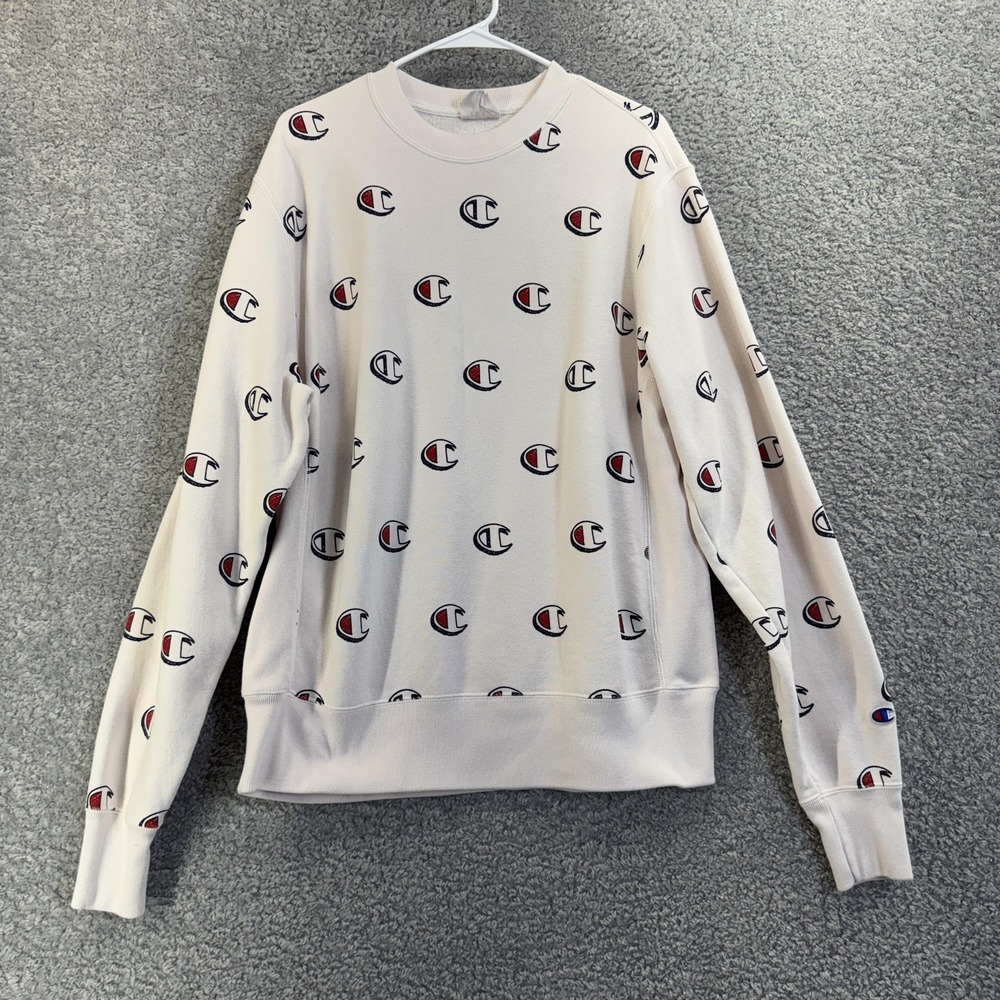 Champion Sweatshirt Mens Large Pink Reverse‎ Weave All Over C Logo Crewneck